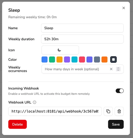 Budget item details with Webhook URL displayed