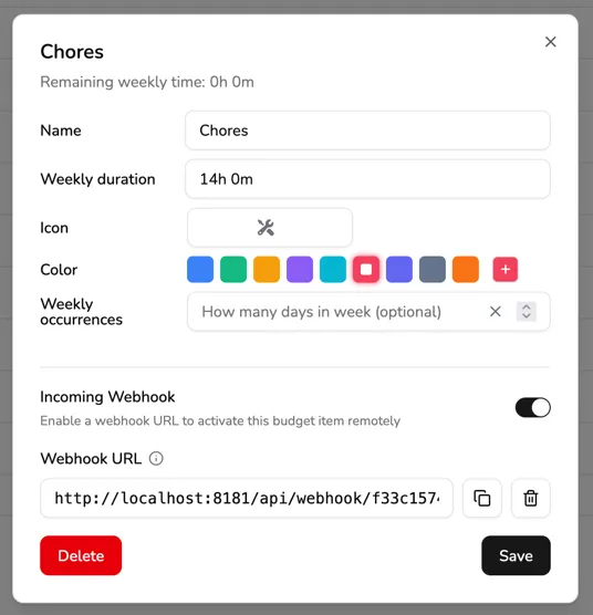 Incoming Webhook on Budget item details
