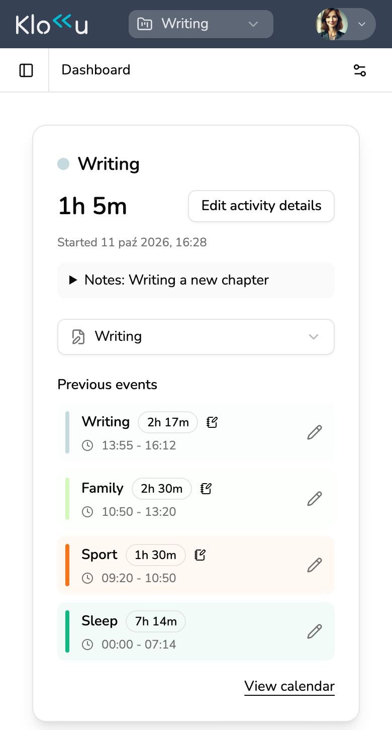 Klokku dashboard with activity tracking and time budgets